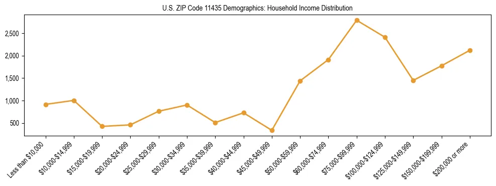Horizontal bar chart showing household income distribution in US ZIP Code 11435.