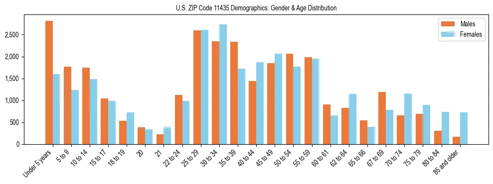 Bar chart showing the population distribution of US ZIP Code 11435 by age group and gender, based on 2023 ACS data.