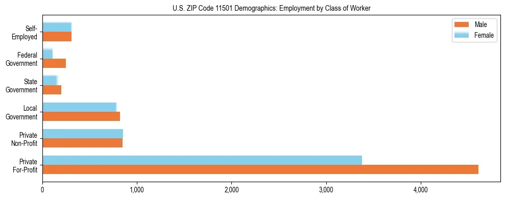 Horizontal bar chart showing employment distribution by class of worker and gender in US ZIP Code 11501, based on 2023 ACS data.