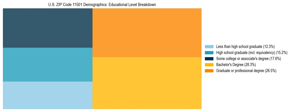 Treemap chart illustrating the educational attainment breakdown for population 25 years and over in US ZIP Code 11501.