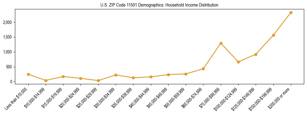 Horizontal bar chart showing household income distribution in US ZIP Code 11501.