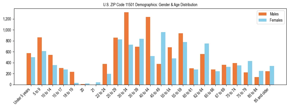 Bar chart showing the population distribution of US ZIP Code 11501 by age group and gender, based on 2023 ACS data.