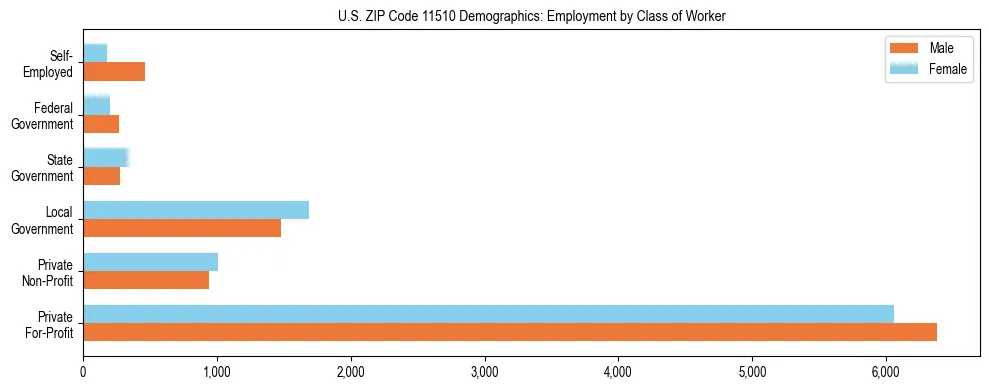 Horizontal bar chart showing employment distribution by class of worker and gender in US ZIP Code 11510, based on 2023 ACS data.