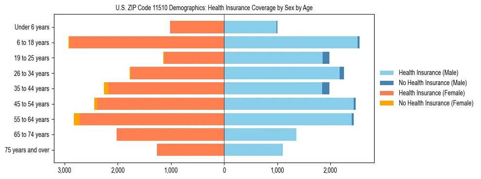 Pyramid chart showing health insurance coverage by age and sex in US ZIP Code 11510.