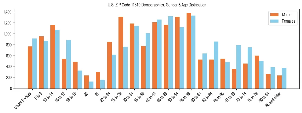 Bar chart showing the population distribution of US ZIP Code 11510 by age group and gender, based on 2023 ACS data.
