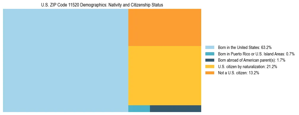 Treemap showing the population distribution by nativity and citizenship status in US ZIP Code 11520 based on U.S. Census data.