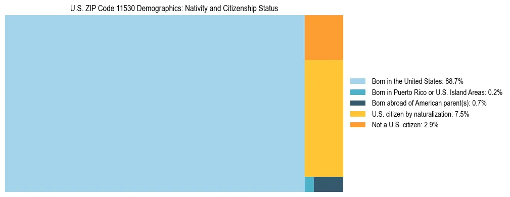 Treemap showing the population distribution by nativity and citizenship status in US ZIP Code 11530 based on U.S. Census data.