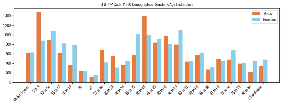Bar chart showing the population distribution of US ZIP Code 11530 by age group and gender, based on 2023 ACS data.