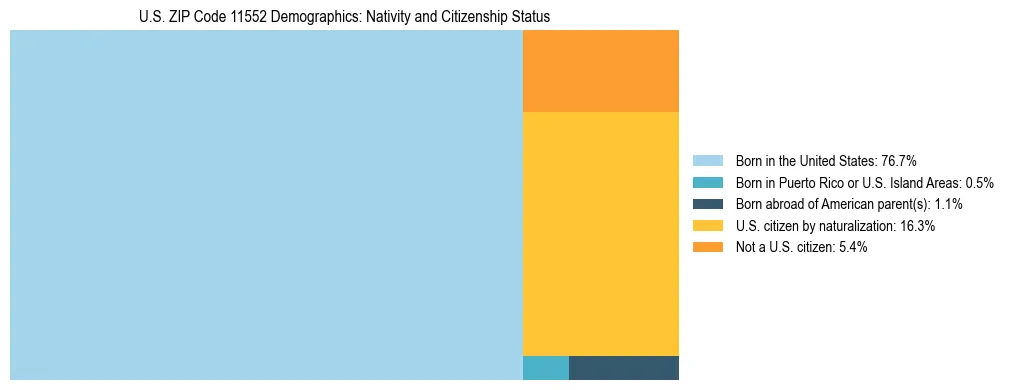 Treemap showing the population distribution by nativity and citizenship status in US ZIP Code 11552 based on U.S. Census data.