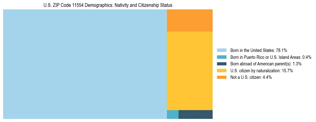 Treemap showing the population distribution by nativity and citizenship status in US ZIP Code 11554 based on U.S. Census data.