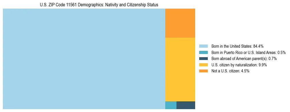 Treemap showing the population distribution by nativity and citizenship status in US ZIP Code 11561 based on U.S. Census data.