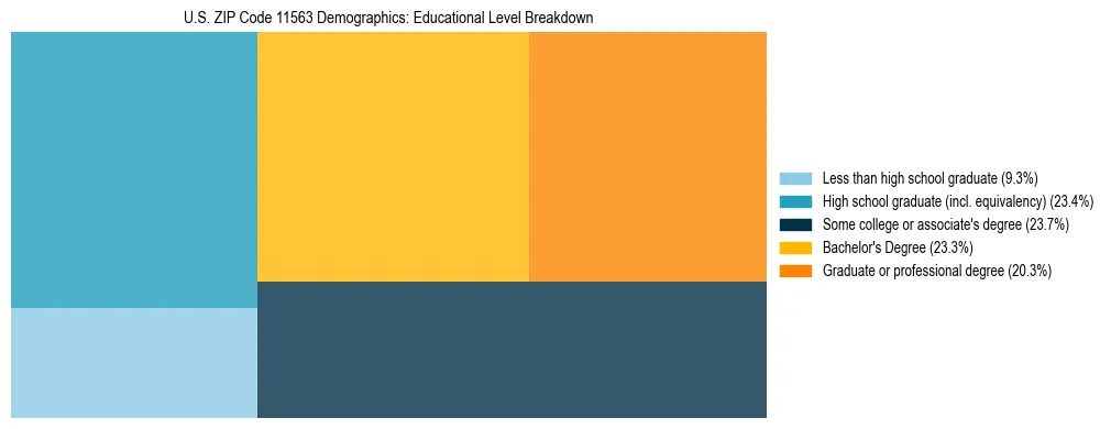 Treemap chart illustrating the educational attainment breakdown for population 25 years and over in US ZIP Code 11563.