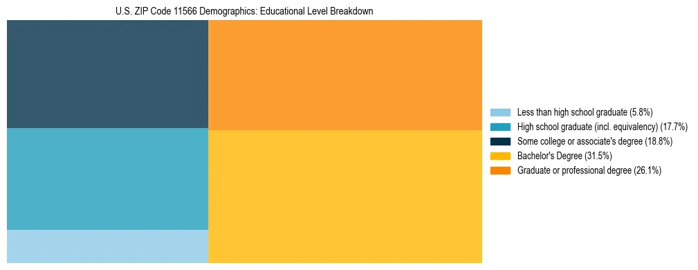 Treemap chart illustrating the educational attainment breakdown for population 25 years and over in US ZIP Code 11566.