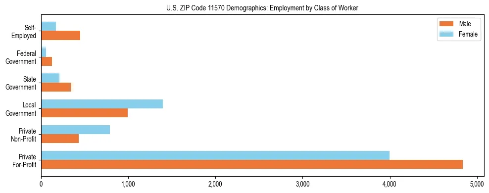 Horizontal bar chart showing employment distribution by class of worker and gender in US ZIP Code 11570, based on 2023 ACS data.