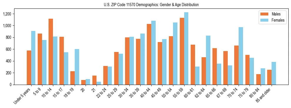 Bar chart showing the population distribution of US ZIP Code 11570 by age group and gender, based on 2023 ACS data.