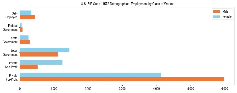 Horizontal bar chart showing employment distribution by class of worker and gender in US ZIP Code 11572, based on 2023 ACS data.