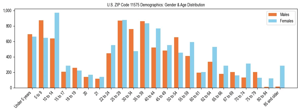Bar chart showing the population distribution of US ZIP Code 11575 by age group and gender, based on 2023 ACS data.