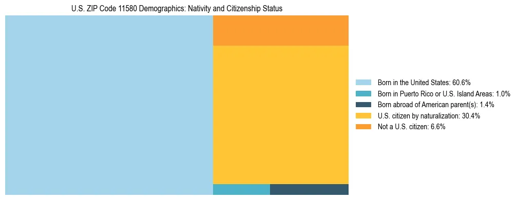 Treemap showing the population distribution by nativity and citizenship status in US ZIP Code 11580 based on U.S. Census data.