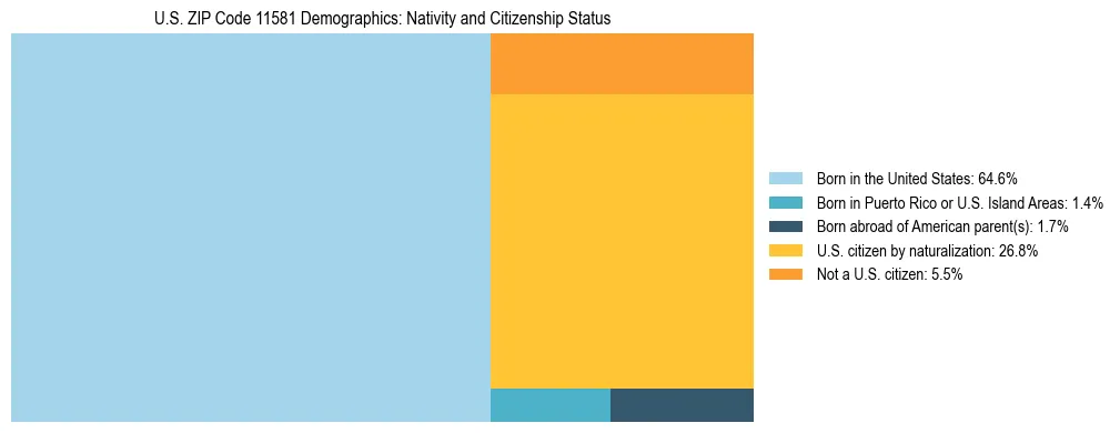 Treemap showing the population distribution by nativity and citizenship status in US ZIP Code 11581 based on U.S. Census data.