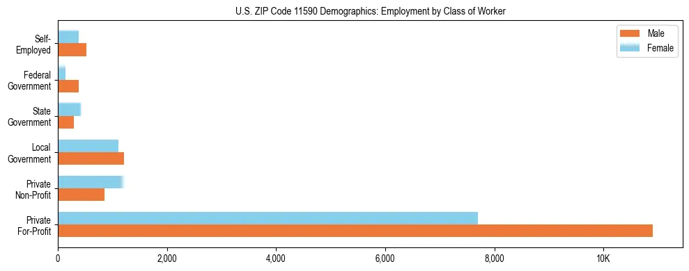 Horizontal bar chart showing employment distribution by class of worker and gender in US ZIP Code 11590, based on 2023 ACS data.