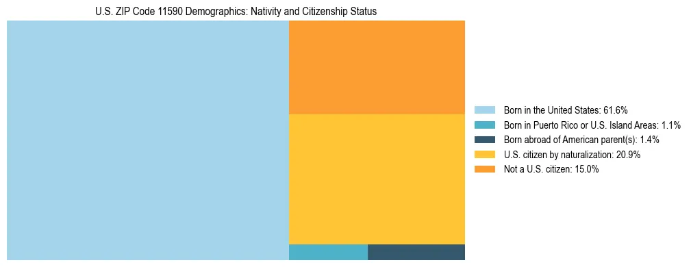 Treemap showing the population distribution by nativity and citizenship status in US ZIP Code 11590 based on U.S. Census data.