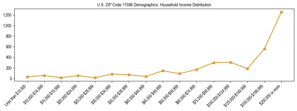 Horizontal bar chart showing household income distribution in US ZIP Code 11596.