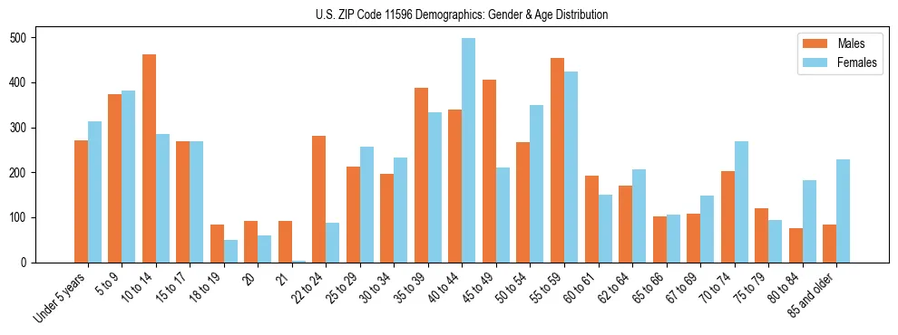 Bar chart showing the population distribution of US ZIP Code 11596 by age group and gender, based on 2023 ACS data.
