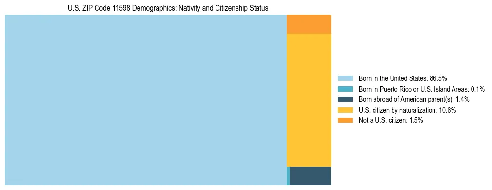 Treemap showing the population distribution by nativity and citizenship status in US ZIP Code 11598 based on U.S. Census data.