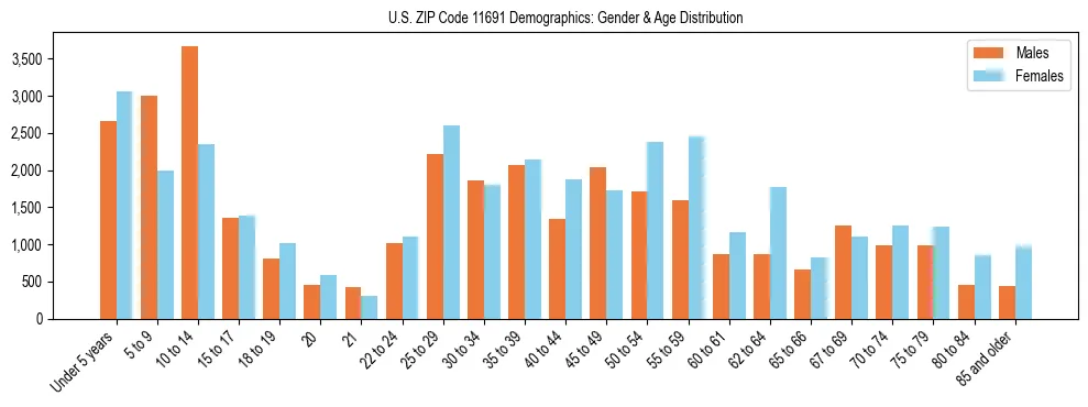 Bar chart showing the population distribution of US ZIP Code 11691 by age group and gender, based on 2023 ACS data.