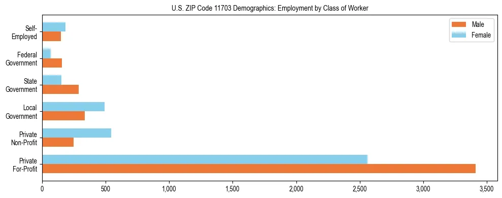 Horizontal bar chart showing employment distribution by class of worker and gender in US ZIP Code 11703, based on 2023 ACS data.
