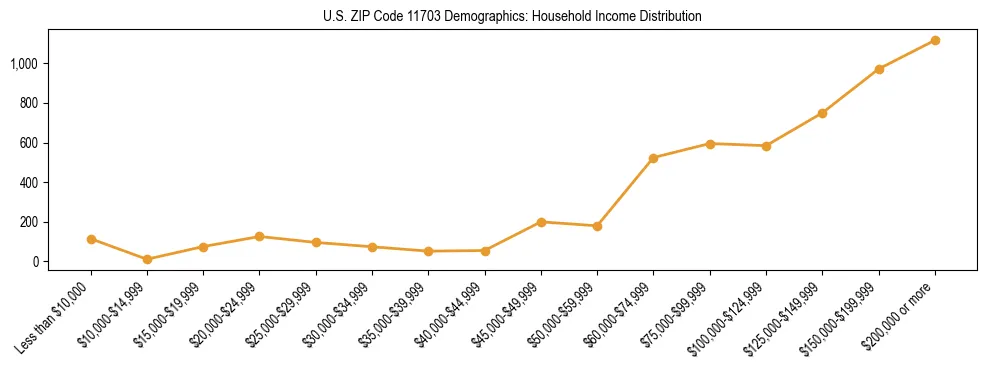 Horizontal bar chart showing household income distribution in US ZIP Code 11703.