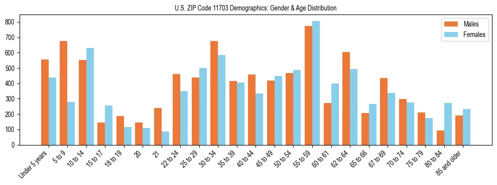 Bar chart showing the population distribution of US ZIP Code 11703 by age group and gender, based on 2023 ACS data.