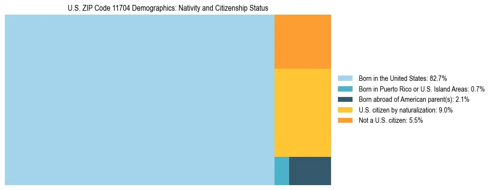 Treemap showing the population distribution by nativity and citizenship status in US ZIP Code 11704 based on U.S. Census data.