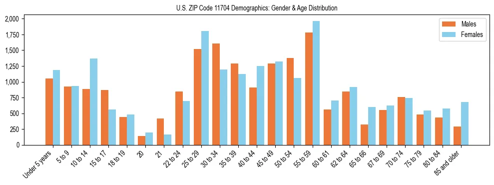 Bar chart showing the population distribution of US ZIP Code 11704 by age group and gender, based on 2023 ACS data.