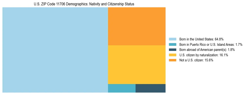 Treemap showing the population distribution by nativity and citizenship status in US ZIP Code 11706 based on U.S. Census data.