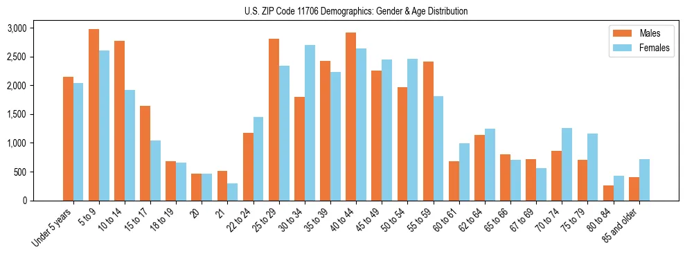 Bar chart showing the population distribution of US ZIP Code 11706 by age group and gender, based on 2023 ACS data.