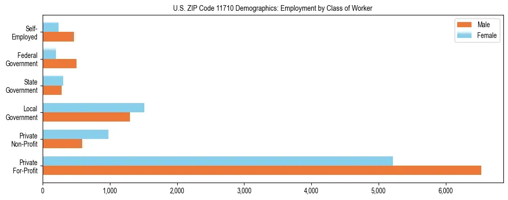 Horizontal bar chart showing employment distribution by class of worker and gender in US ZIP Code 11710, based on 2023 ACS data.