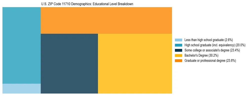 Treemap chart illustrating the educational attainment breakdown for population 25 years and over in US ZIP Code 11710.