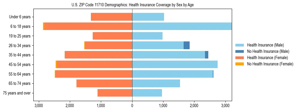 Pyramid chart showing health insurance coverage by age and sex in US ZIP Code 11710.
