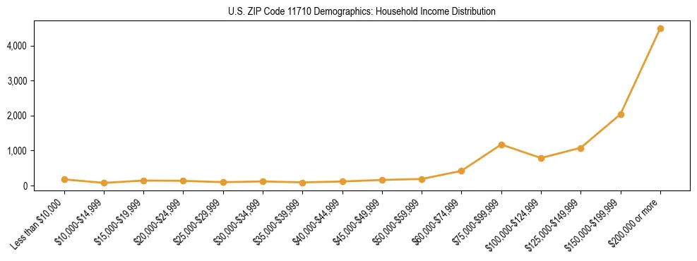 Horizontal bar chart showing household income distribution in US ZIP Code 11710.