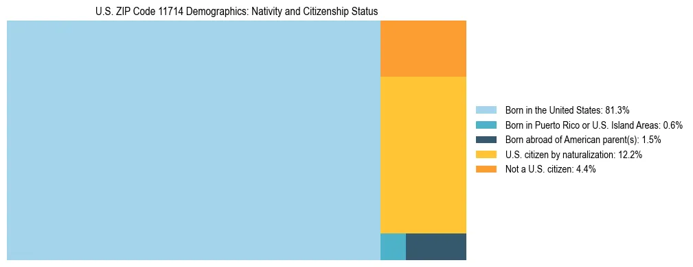 Treemap showing the population distribution by nativity and citizenship status in US ZIP Code 11714 based on U.S. Census data.