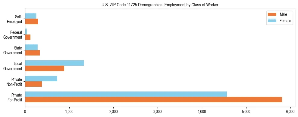 Horizontal bar chart showing employment distribution by class of worker and gender in US ZIP Code 11725, based on 2023 ACS data.