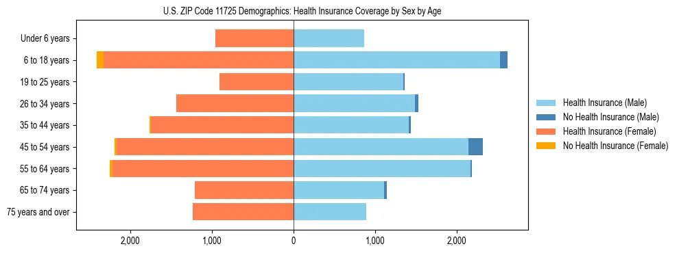Pyramid chart showing health insurance coverage by age and sex in US ZIP Code 11725.