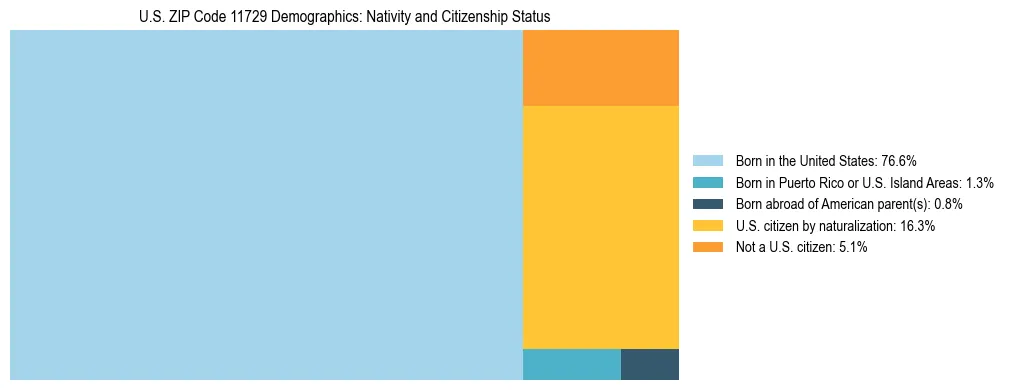 Treemap showing the population distribution by nativity and citizenship status in US ZIP Code 11729 based on U.S. Census data.