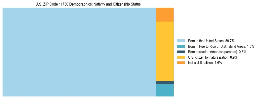 Treemap showing the population distribution by nativity and citizenship status in US ZIP Code 11730 based on U.S. Census data.