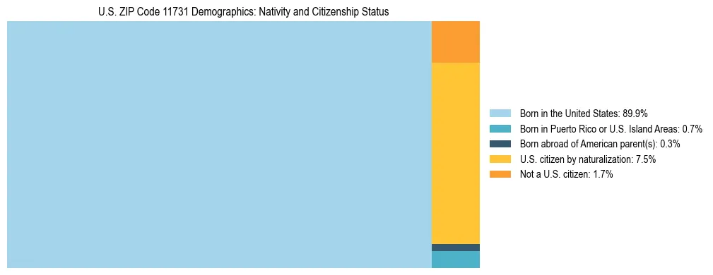 Treemap showing the population distribution by nativity and citizenship status in US ZIP Code 11731 based on U.S. Census data.