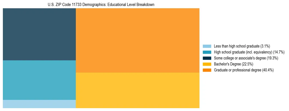 Treemap chart illustrating the educational attainment breakdown for population 25 years and over in US ZIP Code 11733.