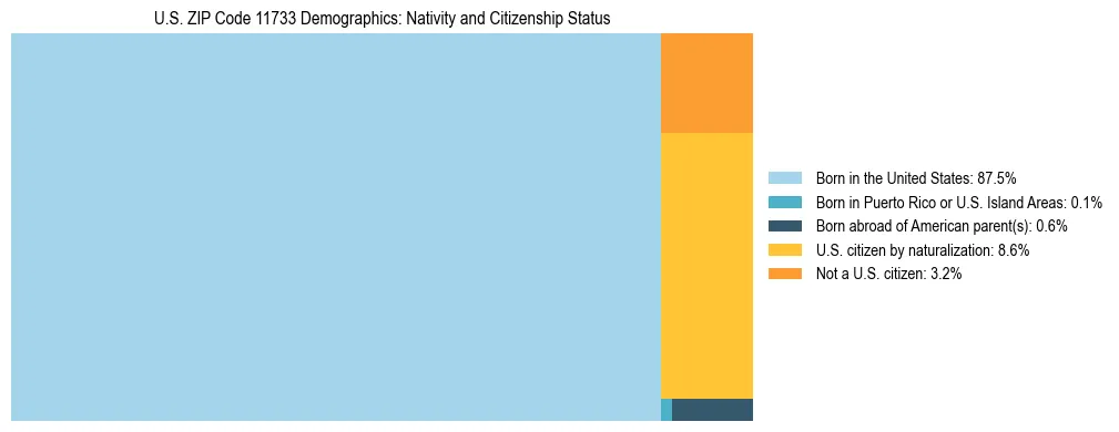 Treemap showing the population distribution by nativity and citizenship status in US ZIP Code 11733 based on U.S. Census data.