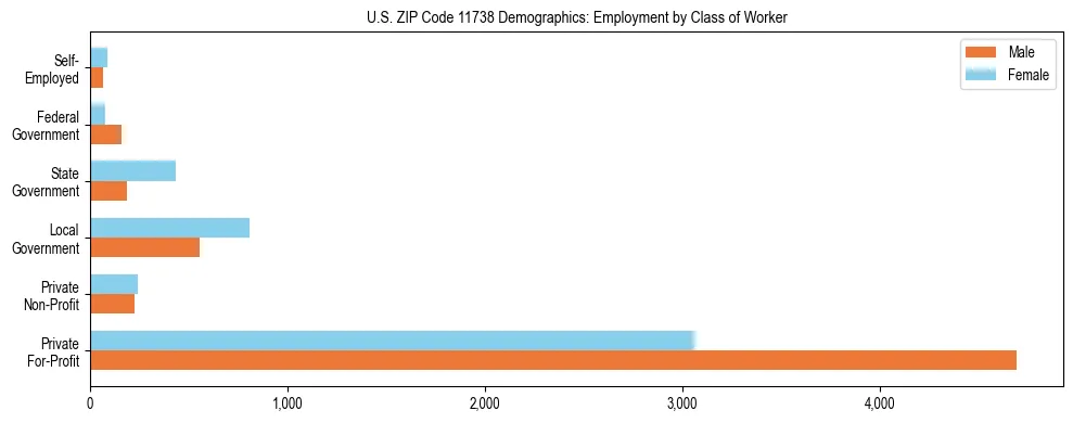 Horizontal bar chart showing employment distribution by class of worker and gender in US ZIP Code 11738, based on 2023 ACS data.