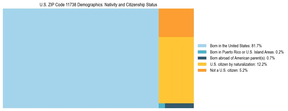 Treemap showing the population distribution by nativity and citizenship status in US ZIP Code 11738 based on U.S. Census data.